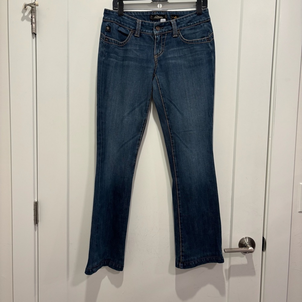 Serfontaine X-Fit Lycra Bootcut Jeans Blue Wash Size 28 Low Rise Flap Pocket